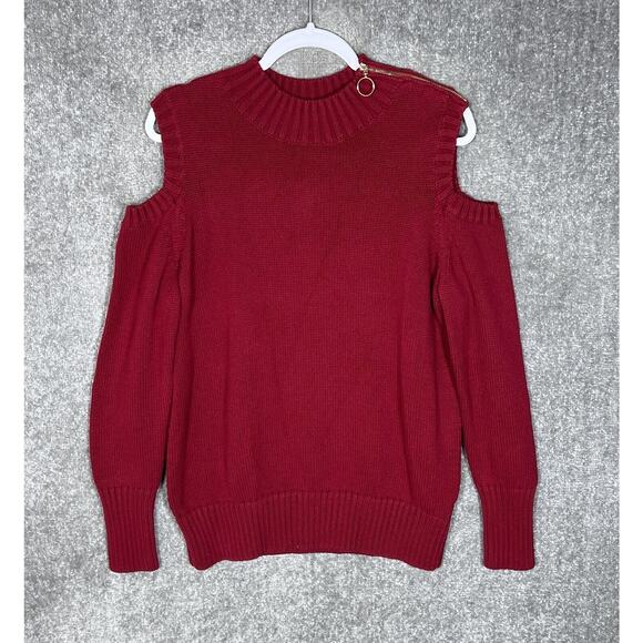 Susan Graver Sweater Womens Size Large Red Mock Neck Cold Shoulder Zipper Detail - Picture 1 of 7